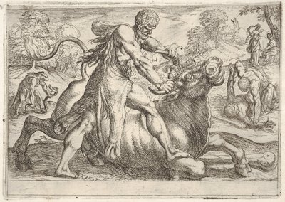 Hércules y Aqueloo: en el centro Hércules agarra los cuernos de un toro mientras presiona su ri..., 1608 de Antonio Tempesta