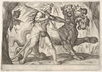 Hércules y Cerbero: Hércules agarra el collar de Cerbero, dos demonios aparecen a la izquierda..., 1608 de Antonio Tempesta