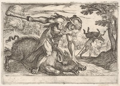 Hércules y el jabalí de Erimanto: Hércules sujeta el hocico del jabalí con su mano izquierda, 1608 de Antonio Tempesta