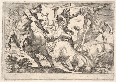 Hércules y los centauros: Hércules sostiene la cabeza de un centauro con su mano izquierda y levanta..., 1608 de Antonio Tempesta
