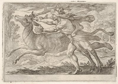 Hércules y la cierva del monte Cerinia: Hércules camina junto a la cierva y la agarra..., 1608 de Antonio Tempesta
