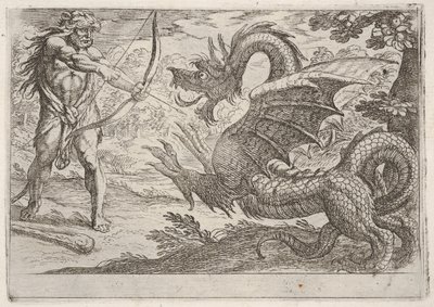 Hércules y la serpiente Ladón: Hércules tensa su arco, la serpiente erguida aparece en proa..., 1608 de Antonio Tempesta