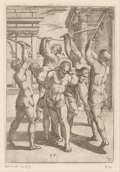 La paliza de tres santos con la espalda atada Torturas sufridas por los mártires cristianos (título de la serie) Varia tormentorum et supplicioru rawlium (...) (título de la serie) de Antonio Tempesta