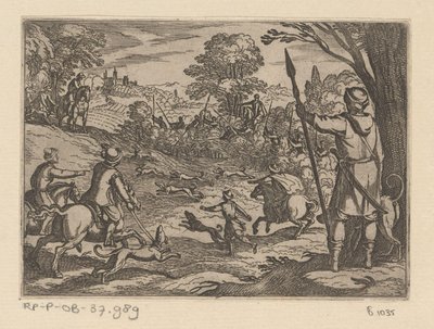 Caza de conejos con hombres cazando conejos de los arbustos. Escenas de caza (parte 2) (título de la serie) Primo libro di caccie varie (título de la serie) de Antonio Tempesta
