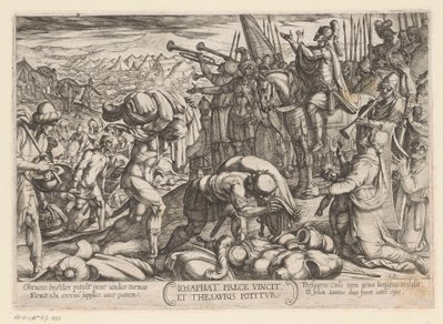 Josafat agradece a Dios por su victoria Iosaphat prece vincit et thesauris potitur (título sobre el objeto) Escenas de batalla del Antiguo Testamento (título de la serie) de Antonio Tempesta