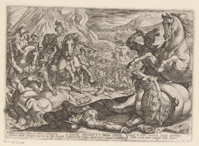Josué paraliza los caballos y quema los carros de las naciones Iosue absoluto bello crura hostium equis amputat, currus comburit (título sobre objeto) Escenas de batalla del Antiguo Testamento (título de la serie) de Antonio Tempesta