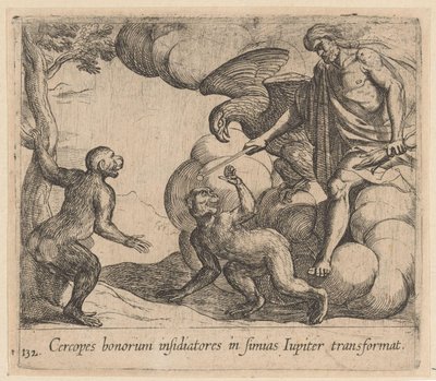 Júpiter verandert de Cercopes in apen
Cercopes bonorum insidiatores in simias Iupiter transformat (título del objeto)
Metamorphoseon sive transformationum (título de la serie)
Metamorfosen van Ovidius (título de la serie) de Antonio Tempesta