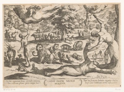Caín mata a Abel Cainus fratri necem molitur (título sobre objeto) Escenas de batalla del Antiguo Testamento (título de la serie) de Antonio Tempesta