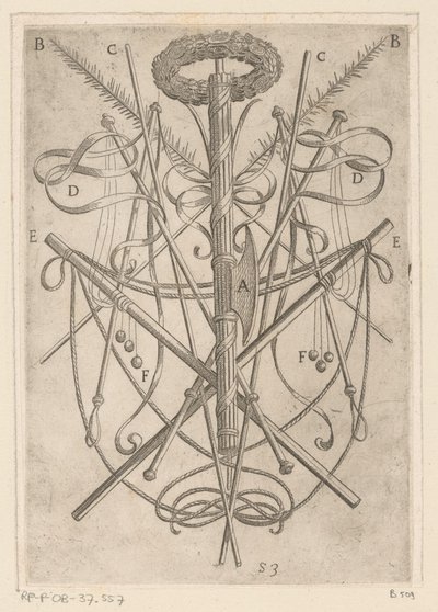 Adorno con herramientas de tortura Torturas sufridas por los mártires cristianos (título de la serie) Varia tormentorum et supplicioru rawlium (...) (título de la serie) de Antonio Tempesta