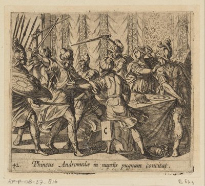 Phineus verstoort de la boda de Perseo en Andrómeda Fineo provoca que Andrómeda pelee en su boda (título sobre objeto) Metamorphoseon o transformaciones (título de la serie) Metamorfosen van Ovidius (título de la serie) de Antonio Tempesta