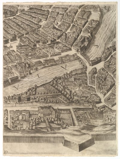 Plano de la ciudad de Roma. Parte 10 con el Tíber y la Villa Farnesina de Antonio Tempesta