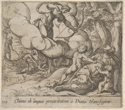 Placa 105: Diana apuntando su arco hacia Chione, quien está acompañada por dos niños de Antonio Tempesta