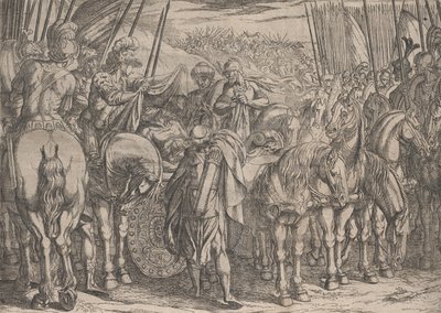 Placa 10: Alejandro encontrando el cuerpo de Darío, de Los hechos de Alejandro Magno, 1608 de Antonio Tempesta