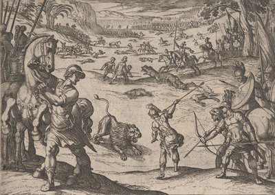 Placa 11: La caza del león de Alejandro, de Los hechos de Alejandro Magno, 1608 de Antonio Tempesta