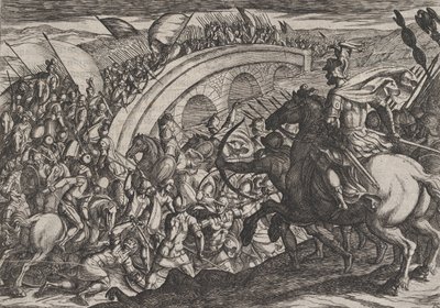 Placa 11: Tropas de Civilis cruzando el río Mosa, de La guerra de los romanos contra los ..., 1611 de Antonio Tempesta