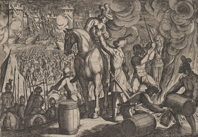 Placa 13: Ataque a la fortaleza romana de noche, de La guerra de los romanos contra los ba..., 1611 de Antonio Tempesta