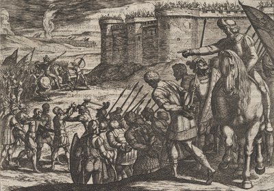Placa 16: Cautivos romanos ante la antigua fortaleza, de La guerra de los romanos contra los B... de Antonio Tempesta