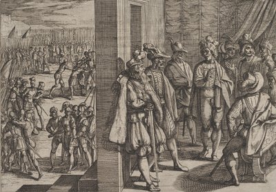 Placa 18: Reunión secreta de Civilis con otros líderes de Tréveris, de La Guerra de los Rom..., 1611 de Antonio Tempesta