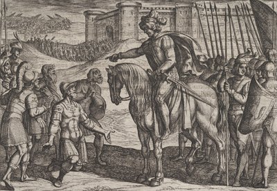 Placa 19: Hombres de la fortaleza se rinden y prometen sus vidas a Civilis, de La guerra ..., 1611 de Antonio Tempesta