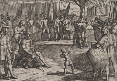 Placa 20: Civilis cortándose el cabello, de La Guerra de los Romanos contra los Batavios de Antonio Tempesta
