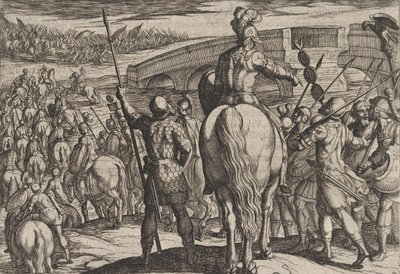 Placa 24: La vanguardia de las nuevas tropas romanas retrocedió, de La guerra de los romanos, 1611 de Antonio Tempesta