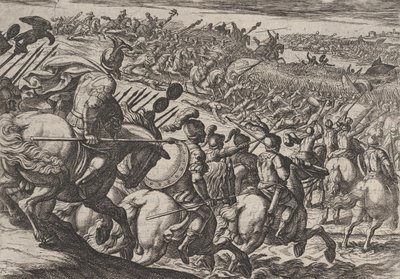 Placa 25: El comandante romano Cerialis ataca cerca de Tréveris, de La guerra de los romanos contra..., 1611 de Antonio Tempesta
