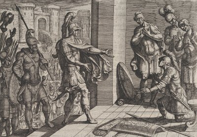 Placa 26: Cerialis perdona y alivia a los soldados romanos que ayudaron a Civilis, de The Wa..., 1611 de Antonio Tempesta