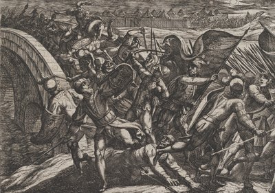 Placa 27: Los holandeses durante un ataque sorpresa al campamento romano en el Mosela, de La guerra de los romanos contra los batavios, 1611 de Antonio Tempesta
