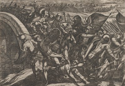 Placa 27: Los holandeses durante un ataque sorpresa al campamento romano en el Mosela, de The Wa..., 1611 de Antonio Tempesta
