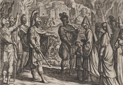 Placa 28: Las tropas de Colonia traen a la esposa y hermana de Civilis a Cerialis, de La guerra de los R..., 1611 de Antonio Tempesta
