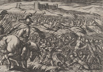 Placa 29: Civilis inunda la tierra rompiendo defensivamente los diques, de La guerra de los R... de Antonio Tempesta