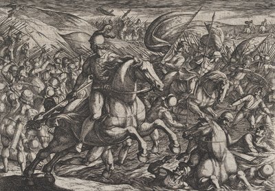 Placa 30: Cerialis expulsando a los holandeses al Rin, de La Guerra de los Romanos contra..., 1611 de Antonio Tempesta
