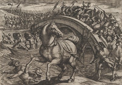 Placa 31: Civilis obligado a desmontar y nadar a través del río, de La guerra de los romanos de Antonio Tempesta