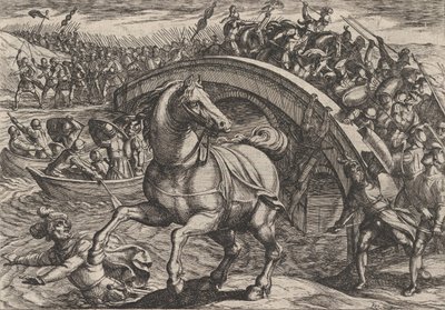 Placa 31: Civilis obligado a desmontar y nadar a través del río, de La guerra de los romanos..., 1611 de Antonio Tempesta