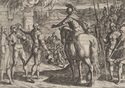 Placa 34: Los romanos quemando el campo holandés, de La guerra de los romanos contra los..., 1611 de Antonio Tempesta