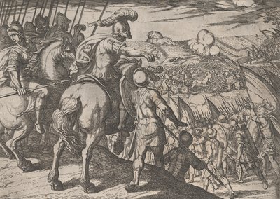 Placa 5: Alejandro dirigiendo una batalla, de Los hechos de Alejandro Magno, 1608 de Antonio Tempesta