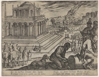 Placa 5: Tumba de Mausolo, canteros haciendo una columna a la derecha, de Las Siete Maravillas de Antonio Tempesta