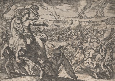 Placa 6: Darío huyendo del campo de batalla, de Los hechos de Alejandro Magno, 1608 de Antonio Tempesta