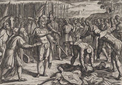 Placa 7: Enviados alemanes visitan a Civilis, de La guerra de los romanos contra los batavios, 1611 de Antonio Tempesta