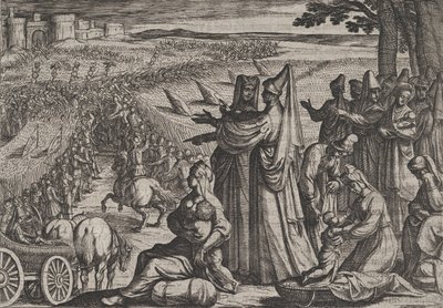 Placa 8: Mujeres y niños observan a Civilis luchando contra los romanos, de La guerra de los romanos de Antonio Tempesta