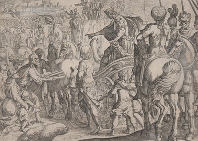 Placa 9: Entrada triunfal de Alejandro en Babilonia, de Los hechos de Alejandro Magno, 1608 de Antonio Tempesta