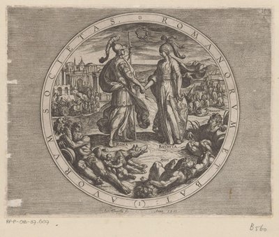 Roma en Batavia schudden elkaar de hand Sociedad de los romanos y los holandeses (título sobre el objeto) De Bataafse oorlogen tegen de Romeinen (título de la serie) Batalla de los holandeses con los romanos (título de la serie) de Antonio Tempesta