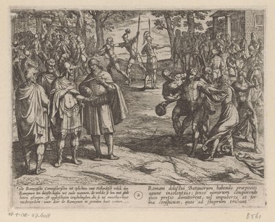 Los romanos compran a los jóvenes holandeses de los ancianos holandeses Las guerras de Batavia contra los romanos (título de la serie) Batavorum cum Romanis Bellum (título de la serie) de Antonio Tempesta