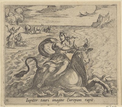 Furgoneta de techo Europa Júpiter captura a Europa en la imagen de un toro (título sobre objeto) Transformación del tamaño de Metamorphoseon (título de la serie) Metamorfosen van Ovidius (título de la serie) de Antonio Tempesta