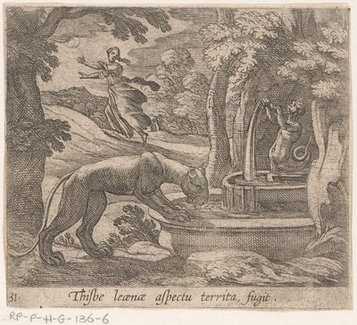 Thisbe vlucht voor the leeuwin by the bron Este aspecto del territorio fugit (título sobre objeto) Metamorfosis y transformación (título de la serie) Las metamorfosis de Ovidio (título de la serie) de Antonio Tempesta