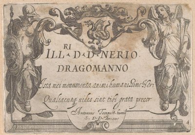 Impresión de título con cartela con dedicatoria, flanqueada por Minerva y Faam Escenas de caza (parte 1) (título de la serie) de Antonio Tempesta