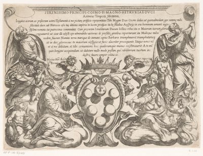 Grabado de título con dedicatoria y escudo de armas de Cosme II de