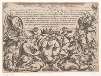Grabado de título con dedicatoria y escudo de armas de Cosme II de