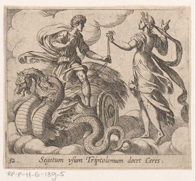 Triptólemo ontagunt de wagon van Ceres Ceres le enseña a Triptólemo la cosecha (título del objeto) Metamorphoseon o transformaciones (título de la serie) Metamorfosen van Ovidius (título de la serie) de Antonio Tempesta