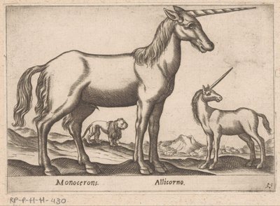 Dos unicornios y un león Monocerons/ Allicorno (título sobre objeto) Animales y criaturas míticas (título de serie) Nova raccolta de li animali piu curiosi del mondo (título de la serie) de Antonio Tempesta